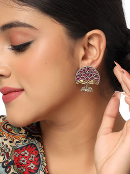VIRAASI - Dual Tone Peacock Design Pink Stone Earring