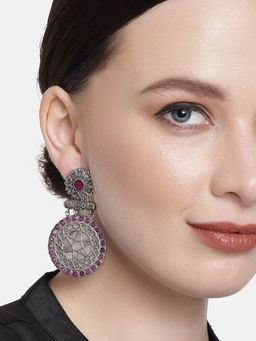 VIRAASI - Oxidised Pink Stone Studded Dangler Earring