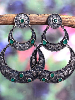 VIRAASI - Oxidised Green Stone Dangler Earrings