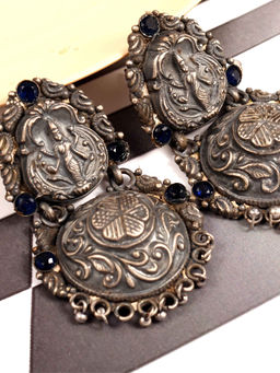 VIRAASI - Oxidised Blue Stone Studded Temple Earring