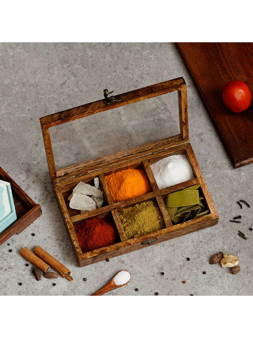 eCraftIndia 6 Rectangle Compartments Handcrafted Wooden Spice Box