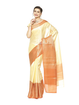 Banarasi Silk Works - Cream Resham Zari Pattu Border Art Saree with Unstitched Blouse