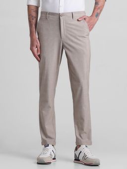 Jack & Jones - Men Beige Checks Slim Fit Casual Trouser