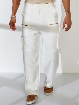 Campus Sutra - Men White Solid Regular Fit Cargo Trouser