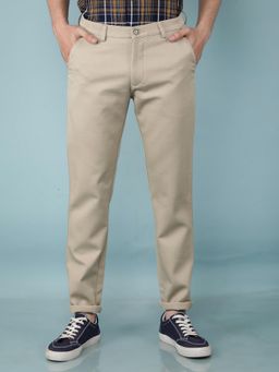 CRIMSOUNE CLUB - Men Beige Self Design Slim Fit Casual Trouser