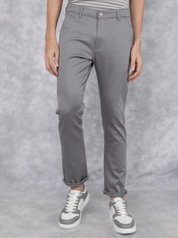 CRIMSOUNE CLUB - Men Grey Solid Slim Fit Dobby Casual Trouser