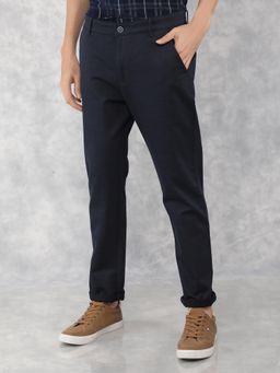CRIMSOUNE CLUB - Men Navy Blue Checks Slim Fit Casual Trouser