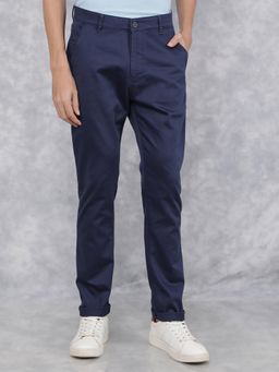 CRIMSOUNE CLUB - Men Blue Solid Slim Fit Dobby Casual Trouser