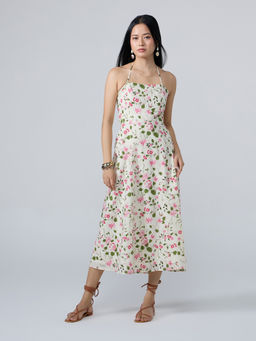 Twenty Dresses by Nykaa Fashion - Multicolor Floral Halter Neck Fit and Flare Midi Dress