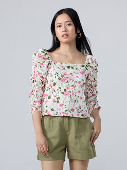 Twenty Dresses by Nykaa Fashion - Multicolor Floral Square Neck Ruched Sleeves Top