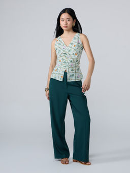 Twenty Dresses by Nykaa Fashion - Mint Green Floral V Neck Sleeveless Ruched Top