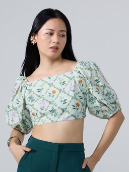 Twenty Dresses by Nykaa Fashion - Mint Green Floral Square Neck Puff Sleeves Crop Top