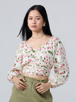 Twenty Dresses by Nykaa Fashion - Multicolor Floral V Neck Gathered Crop Top