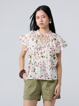 Twenty Dresses by Nykaa Fashion - Multicolor Floral Tie Up Neck Flowy Sleeves Top