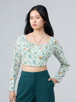 Twenty Dresses by Nykaa Fashion - Mint Green Floral Full Sleeves Crop Top