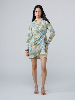 Twenty Dresses by Nykaa Fashion - Multicolor Floral Collared Full Sleeves Wrap Mini Dress