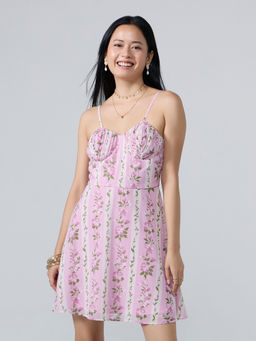 Twenty Dresses by Nykaa Fashion - Multicolor Floral Shoulder Straps Pleated Mini Dress