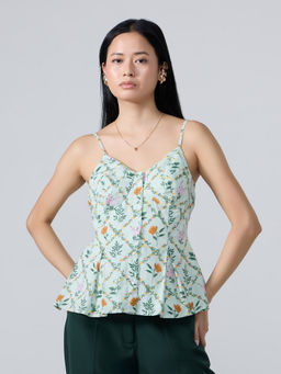 Twenty Dresses by Nykaa Fashion - Mint Green Floral Strappy Fit and Flare Top