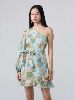 Twenty Dresses by Nykaa Fashion - Multicolor Floral One Shoulder Frilled Hem Mini Dress