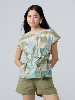 Twenty Dresses by Nykaa Fashion - Multicolor Floral Round Neck Waist Tie Up Top