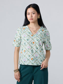 Twenty Dresses by Nykaa Fashion - Mint Green Floral V Neck Half Sleeves Top