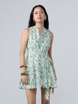 Twenty Dresses by Nykaa Fashion - Mint Green Floral V Neck Mini Dress with Belt (Set of 2)