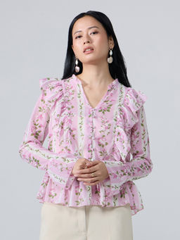 Twenty Dresses by Nykaa Fashion - Multicolor Floral V Neck Full Sleeves Ruffled Top