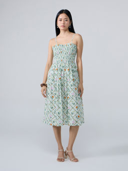 Twenty Dresses by Nykaa Fashion - Mint Green Floral Square Neck Strappy Fit and Flare Midi Dress