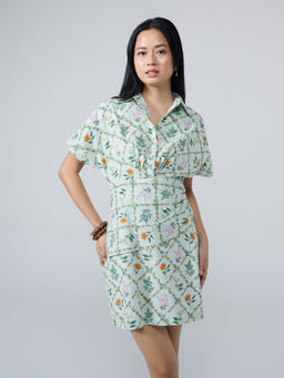 Twenty Dresses by Nykaa Fashion - Mint Green Floral Collared Fitted Layered Mini Dress