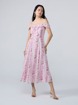 Twenty Dresses by Nykaa Fashion - Multicolor Floral Off Shoulder Fit and Flare Midi Dress