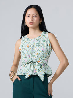 Twenty Dresses by Nykaa Fashion - Mint Green Floral Sleeveless Waist Tie Up Top