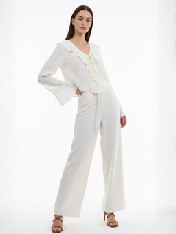 Outzidr - Off White Bell Sleeve Ruffle Detail Co-Ord Set