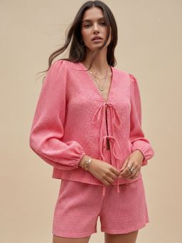 Outzidr - Pink Bishop Sleeve Front Bow Co-Ord Set