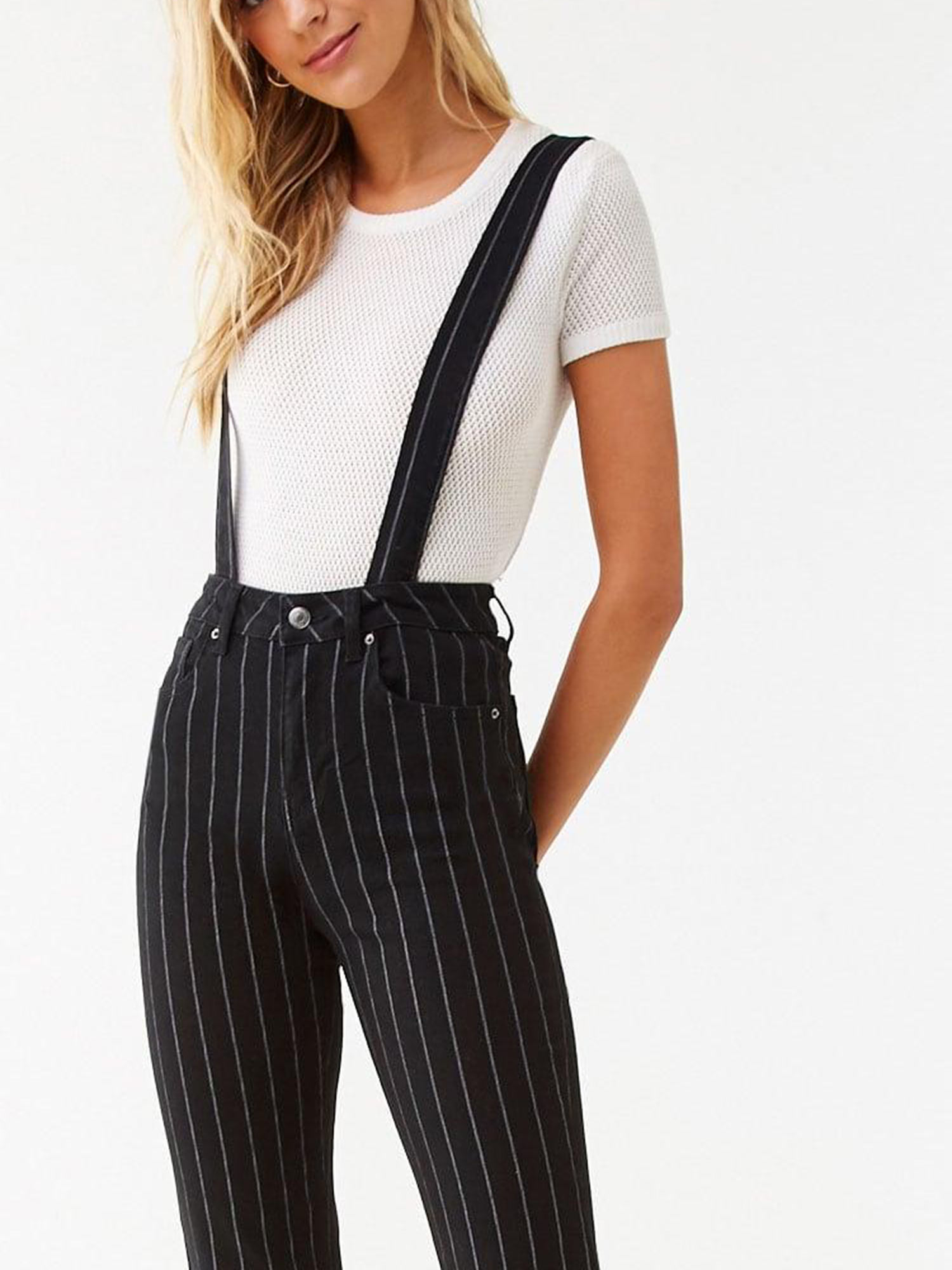 Black Pinstriped Denim Suspender Pants 