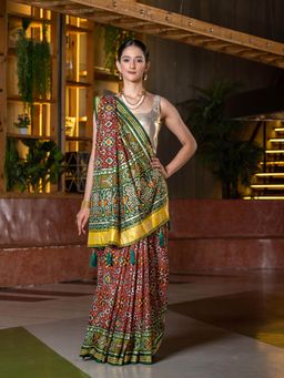 Beatitude - Green Maroon Printed Zari Silk Blend Patola Saree with Unstitched Blouse