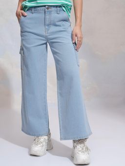 TOKYO TALKIES - Women Blue Wide Leg Cargo Jeans