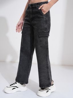 TOKYO TALKIES - Women Black Wide Leg Cargo Jeans