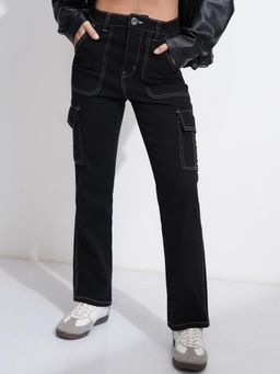TOKYO TALKIES - Women Black Straight Fit Stretchable Cargo Jeans