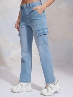 TOKYO TALKIES - Women Blue Straight Fit High-Rise Cargo Jeans