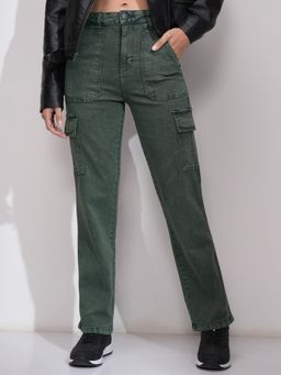 TOKYO TALKIES - Women Green Straight Fit High Rise Cargo Jeans