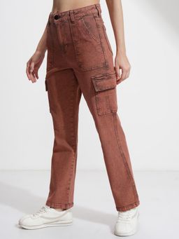 TOKYO TALKIES - Women Brown Straight Fit High-Rise Cargo Jeans