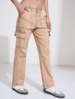 TOKYO TALKIES - Women Peach Straight Fit High-Rise Cargo Jeans
