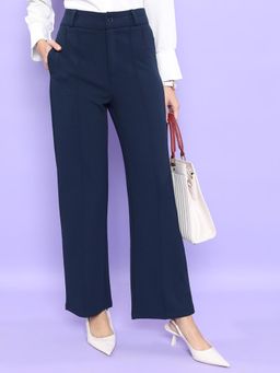 TOKYO TALKIES - Women Navy Blue High Straight Fit Pin Tuck Zipper Formal Trouser