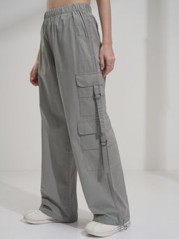 TOKYO TALKIES - Women Grey Wide Leg with Back Elastic Cargo Pant