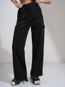 TOKYO TALKIES - Women Black High Rise Straight Fit Cargo Pant