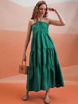 TOKYO TALKIES - Women Proud Peacock Solid Tiered Midi Dress