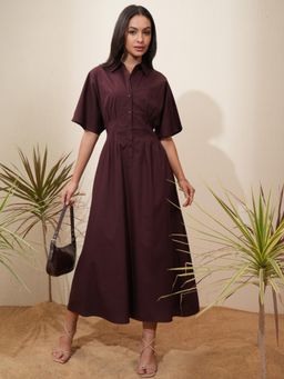 TOKYO TALKIES - Women Brown Solid Front Extended Sleeve Fit And Flare Midi Dress