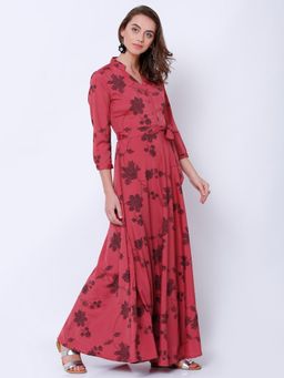 TOKYO TALKIES - Women Pink Printed Crepe Mandarin Neck Flared Maxi Dress