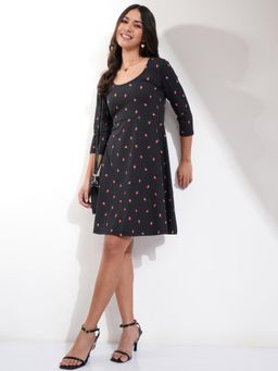 TOKYO TALKIES - Women Black All Over Printed Fit & Flare Mini Dress