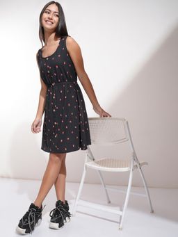 TOKYO TALKIES - Women Black Printed Fit & Flare Button-Down Mini Dress